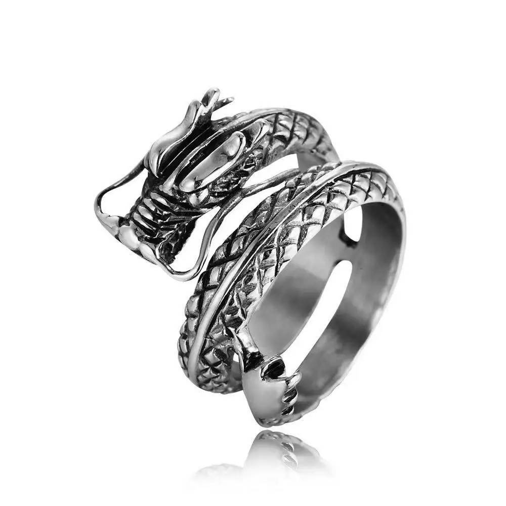 

Wish titanium steel dragon ring retro trendy male punk stainless steel dragon ring factory direct sales