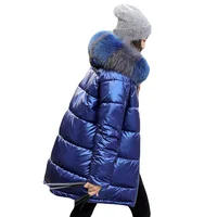 

Shiny Duck Feather Puffer Silver Winter Down Jacket Coat Daunenjacke With Fur Collar