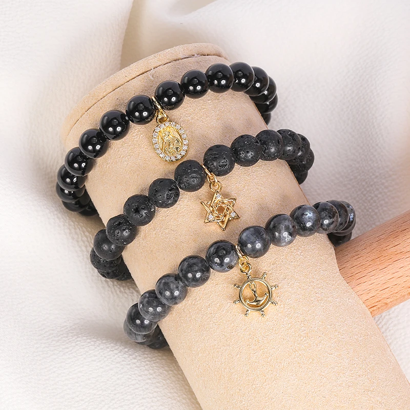 

HOVANCI Newest Fashion 8mm Black Faceted Onyx Bracelet 12 Elastic Energy Mary Beaded Natural Volcanic Stone Bracelet, As pictures