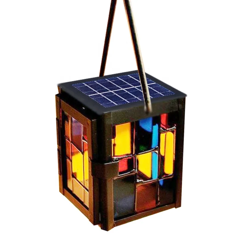 LED Solar Hanging Lamp RGB Handle Lantern Light Colorful Glass Garden Outdoor Solar Lamp