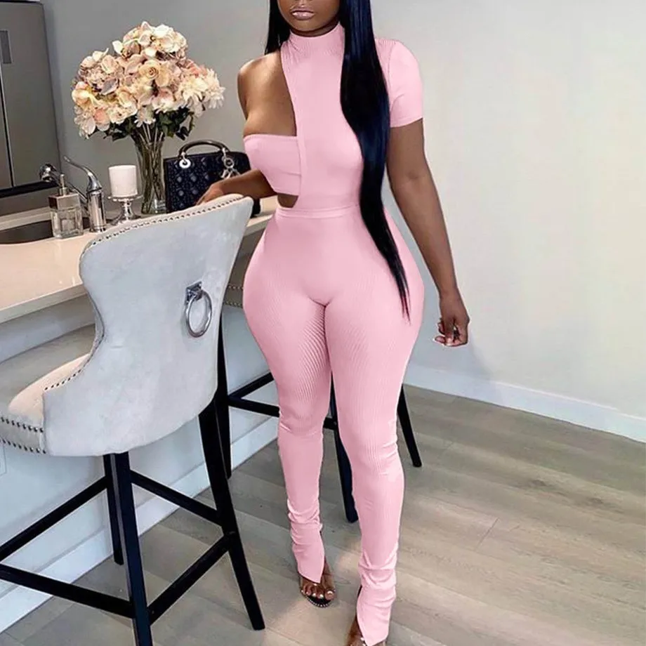 

Summer Women Clothing Cut Out One Shoulder 3 Pieces Set Legging Bodysuits Tracksuits Solid Ladies Underwear Tops And Pants Sets, Multi colors