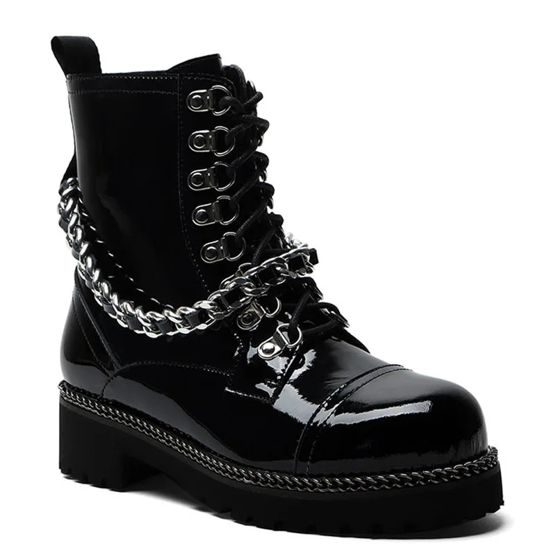 

WETKISS Newest Design ODM Shoes Black Patent Leather Boots Cool Girls Motorcycle Boots Lace Up High Platform Boots