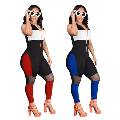 

2021 New Summer Women Mesh Sleeveless Hooded Jumpsuit Ladies Patchwork One Piece Bodysuits For Womens Rompers