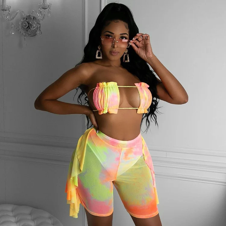 

2021 New Euro-american Swimsuit Three-piece Suit Tie-dyed Print Bikini