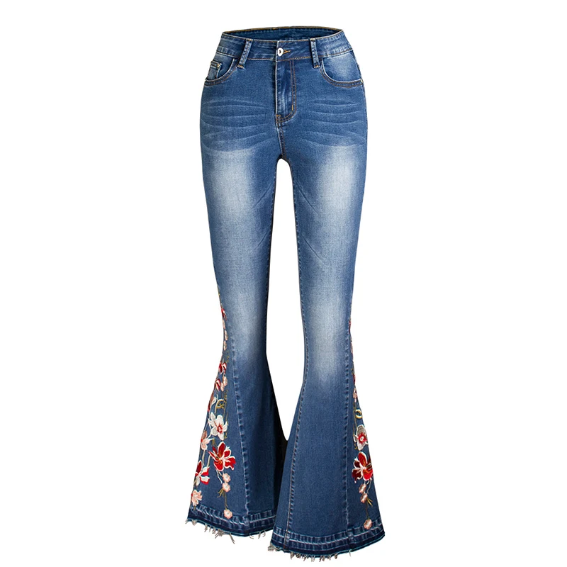 

Bufa Factory Wholesale In Stock Vintage Spring Mid Waist Blue Embroidery Wide Leg Elegant Women Eco-friendly Denim Flare Jeans