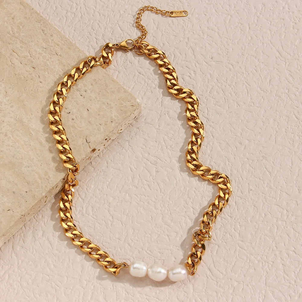 Trendy Chunky Choker Cuban Chain Necklace Pearl Necklace Jewelry Gold Plated Stainless Steel Necklace Woman