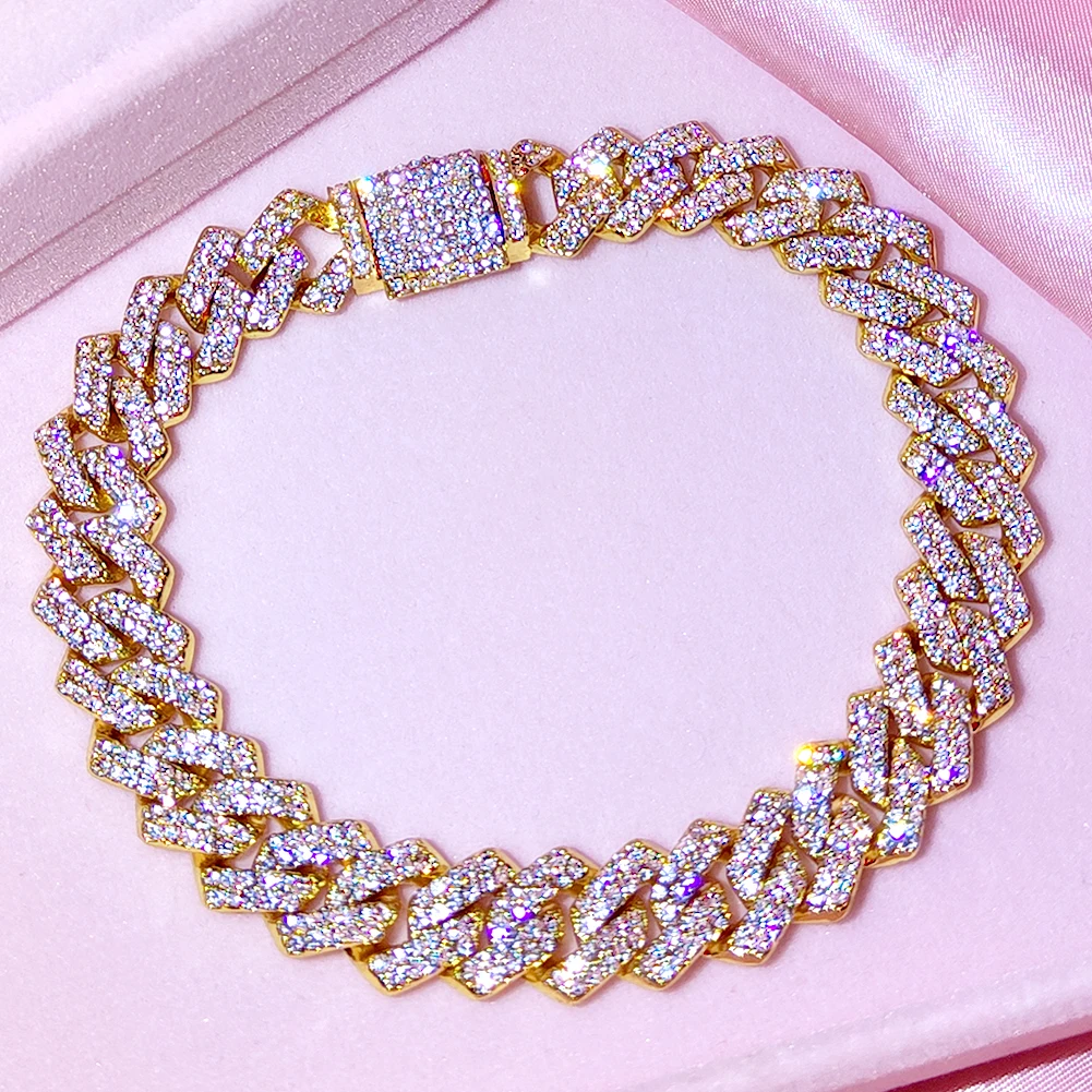 

14mm Miami Cuban Chain Icy Bracelet Anklets Micro Paved CZ 18K Gold Iced Out Prong Cuban Link Anklet Jewelry Gifts, Gold,silver color