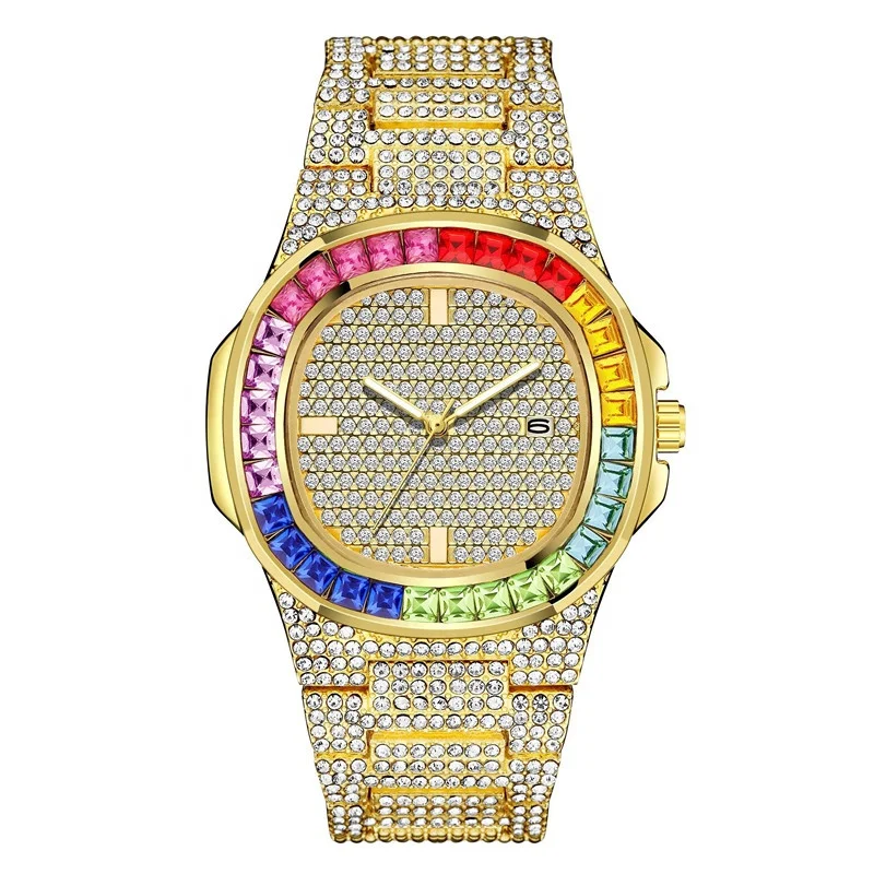 

Mens Watches Top Brand Luxury Iced Out Watch Gold Colorful Diamond Watch for Men Square Bling Hip Hop Wristwatch