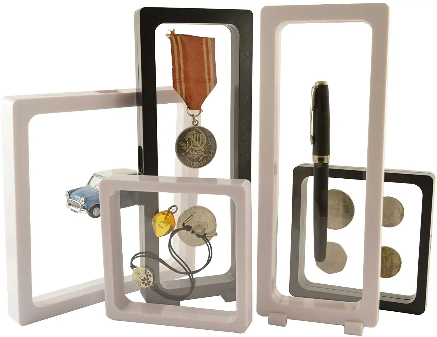 

3D display frame for coins, badges, medalions, jewellery, figures. Black or White-Gemstone Cases, White and black