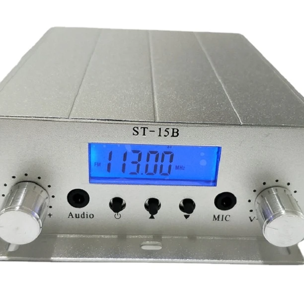 

fm transmitter 15w FM broadcast transmitter ST-15B V3 BNC stereo PLL fm radio broadcast station with 76MHz-113MHz, Silver