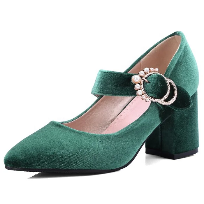 

Soft Velvet Office Ladies Square Heel Shoes Women Mary Jane Dress Shoes Metal Circle Buckles Chunky Middle Heels Comfort Pumps, Black red green