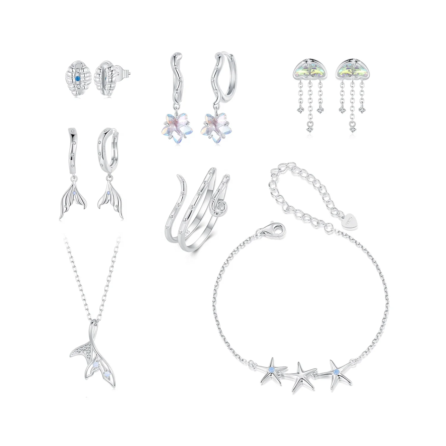 Fashion Sterling Silver Jewelry Sets Fine Jewelry Marine Series Fishtail Octopus Starfish Bracelet Necklace Ring Earrings Set