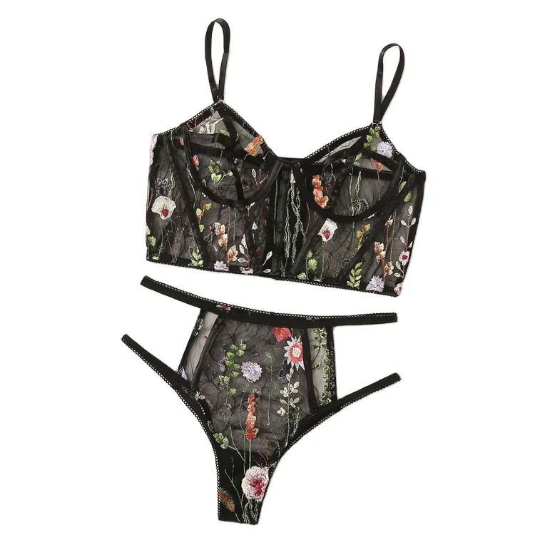

Wholesale women's sexy Flower embroidery black transparent mesh women's body beauty underwear Lingerie Set