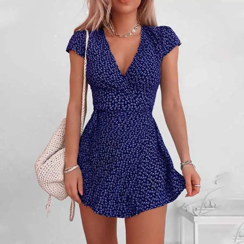 

Plus Size 5XL 2020 Summer Fashion Dress for Women Party Short Sleeve Pure Color Mini Dress Sexy Deep V-neck Women Clothing