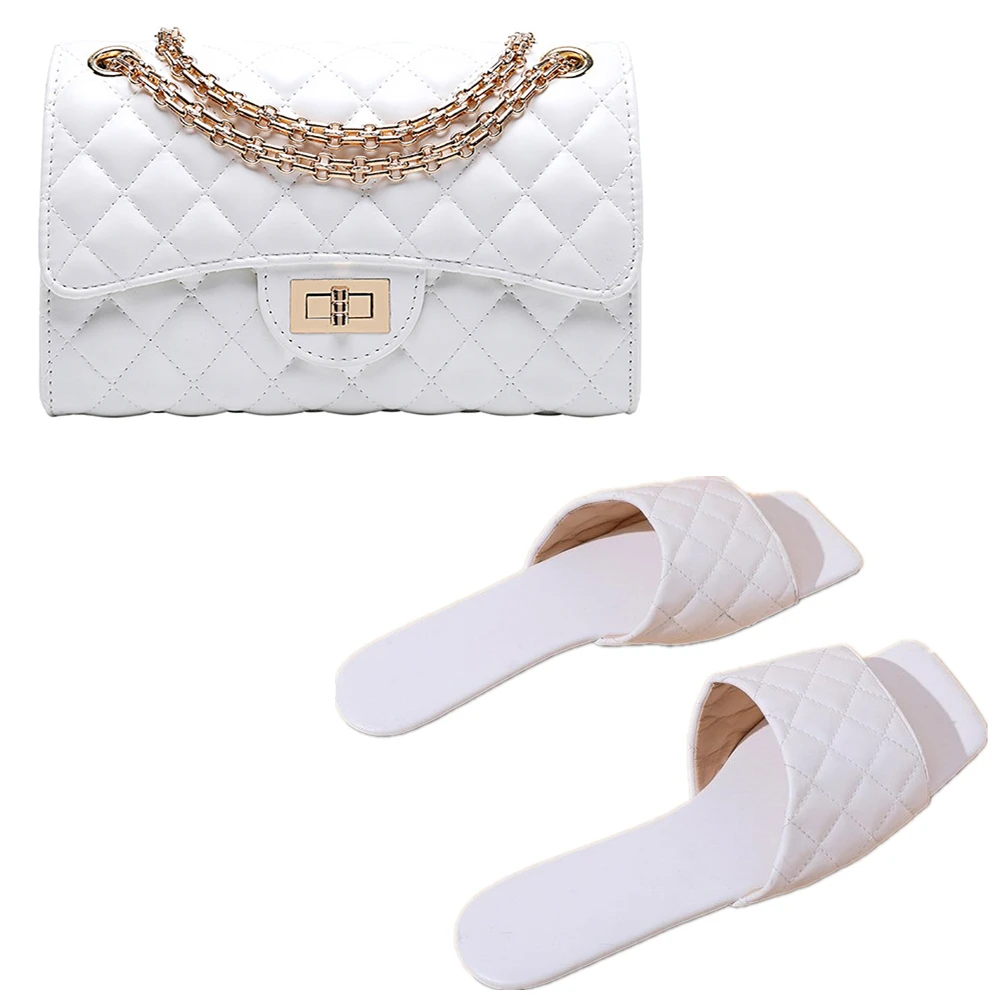 

2021 New Arrivals Women Golden Chain Diamond Plaid Handbag and Slipper Set Fashion Square Head Plaid Slipper and Match Purse Set