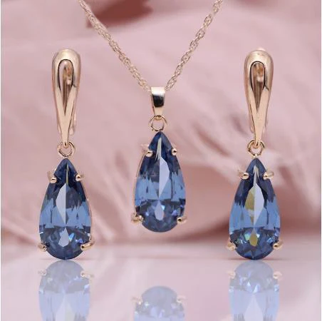 

2022 new 585 rose gold real gold electroplating earrings necklace set water drop natural stone jewelry set, Rosegold