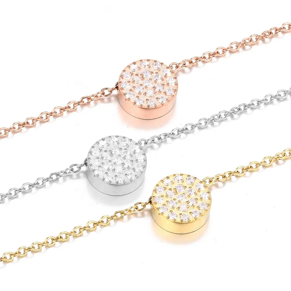 

316L Stainless Steel Necklace Crystal Pattern Round Circle Charm Choker Necklace Rose Gold Silver Color Chain Necklace, Silver,gold,rose gold