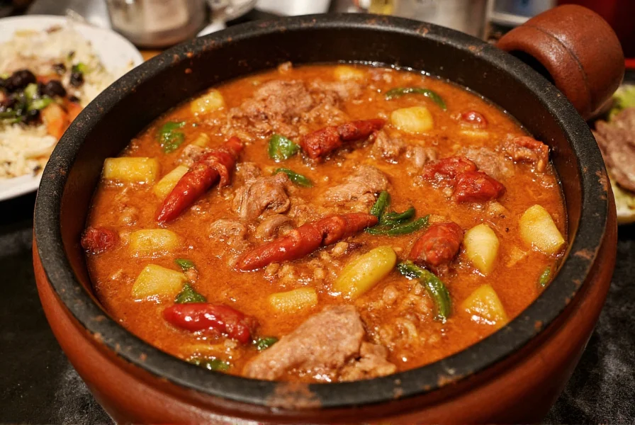 Traditional clay pot stew with visible chili brick pieces simmering in rich red broth alongside vegetables and meat