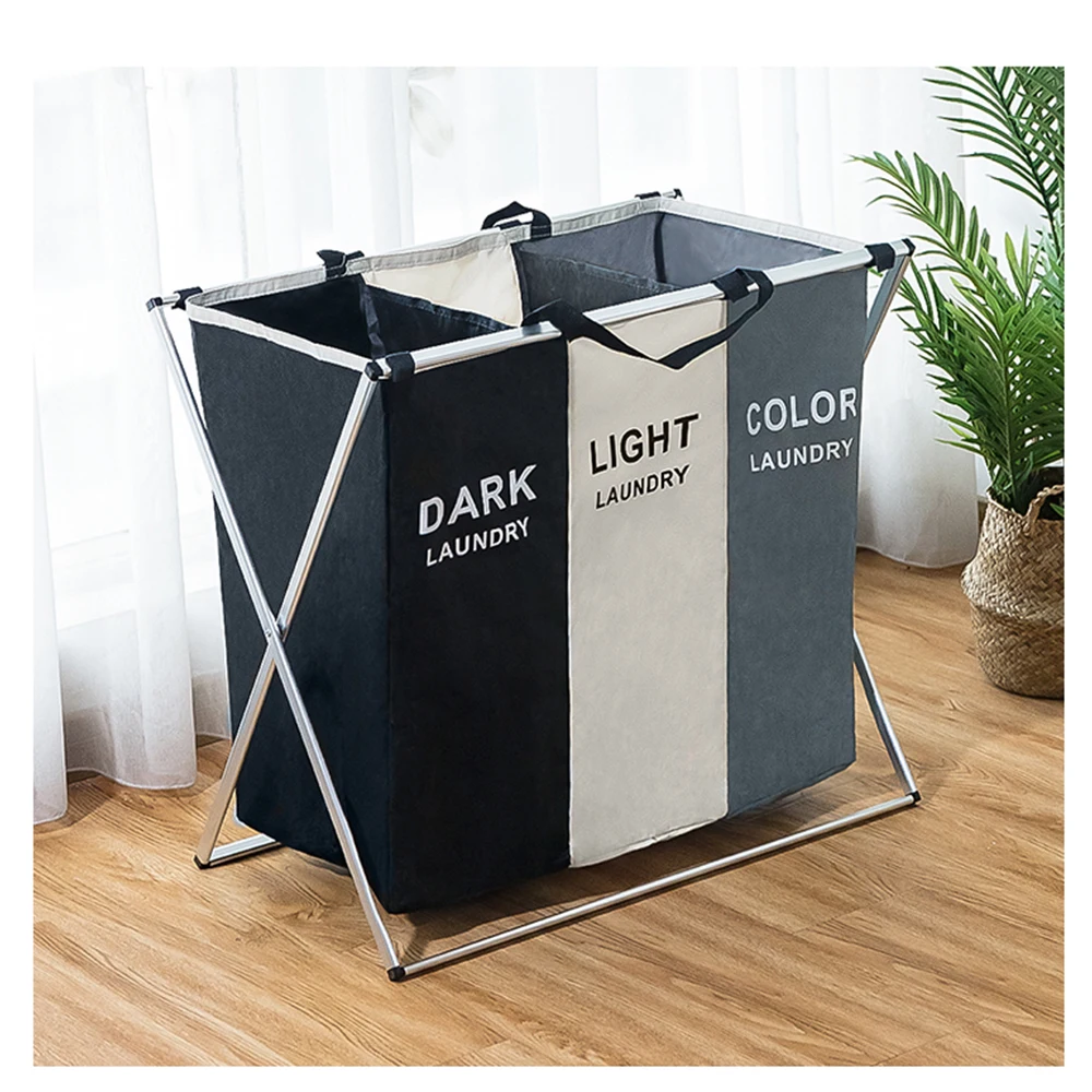 
Bathroom Bedroom Home 3 Sections Aluminum Frame Foldable Durable Dirty Clothes Laundry Hamper Basket laundry bag  (1600109369579)