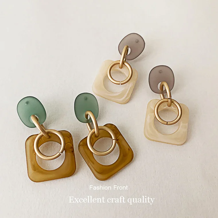 

JUHU Korea square geometric cream green earrings female retro resin long S925 silver needle acrylic earrings summer 2022 jewelry, Cream/brown