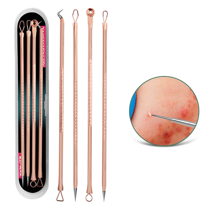 

4 pcs Acne extractor extraction Kit with Case Blackhead Removal Acne Needle Set, Rose gold, silver