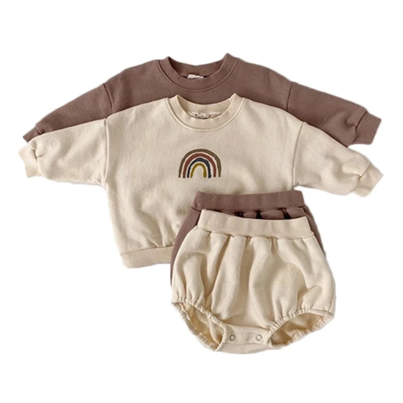 

Korean Style Autumn Newborn Baby Clothing Sets Rainbow Embroidery Tops Shorts 2pcs Toddlers Kids Outfits Infants Casual Suits