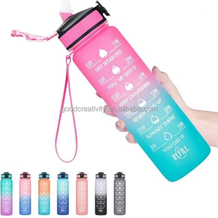 

32 oz Plastic Motivational with Time Marker and straw Leakproof &BPA Free Drinking Sports Water Bottle for Fitness Gym & Outdoor