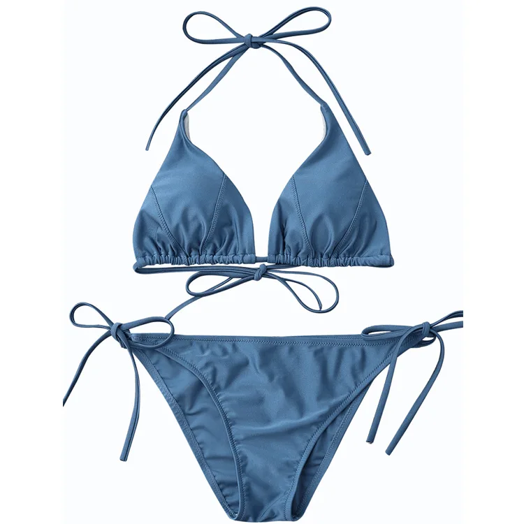 

2021 New European And American Fashion Low Waist Solid Color Sexy Bikini Women Split Strap Swimsuit Set