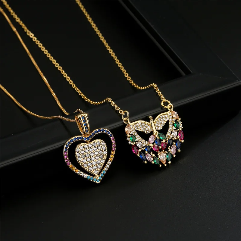 

Best Selling Real Gold Plated Colorful Cubic Zircon Heart Necklace Full Diamond Heart Pendant Necklace