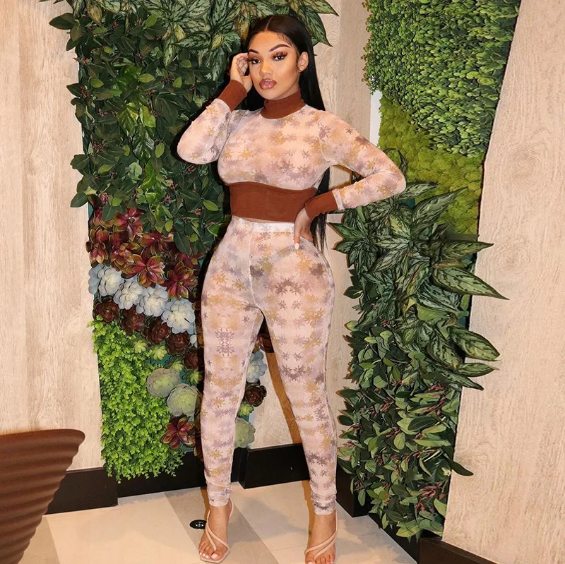 

MD-2022 new08310Fitness Fall Set Women Printed 2 Piece Pants Jumpsuits Sexy Ladies Club Wear Long Sleeve Crop Tops Two Piece Pants Set