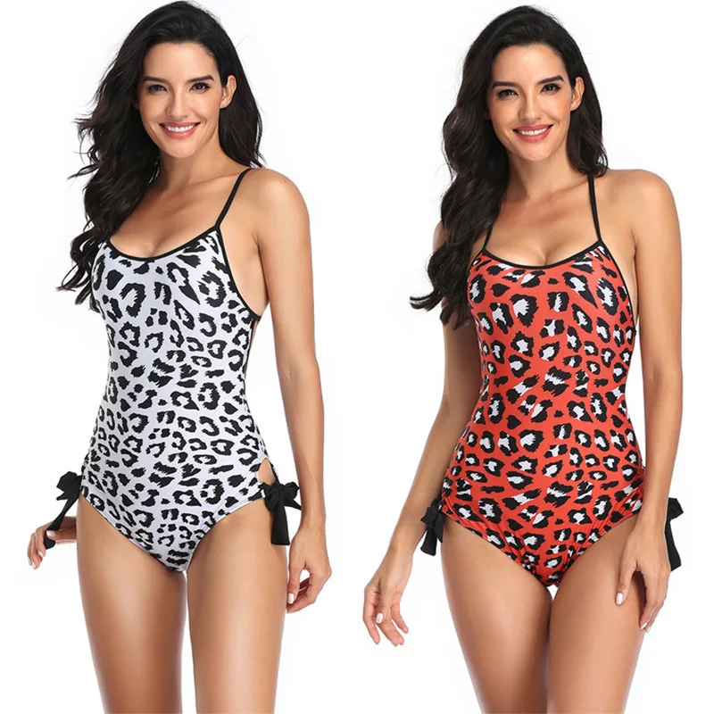 

Striped open back lace up swimsuit printed bow tight one piece swimsuit Sexy Leopard Print women's one piece swimsuit