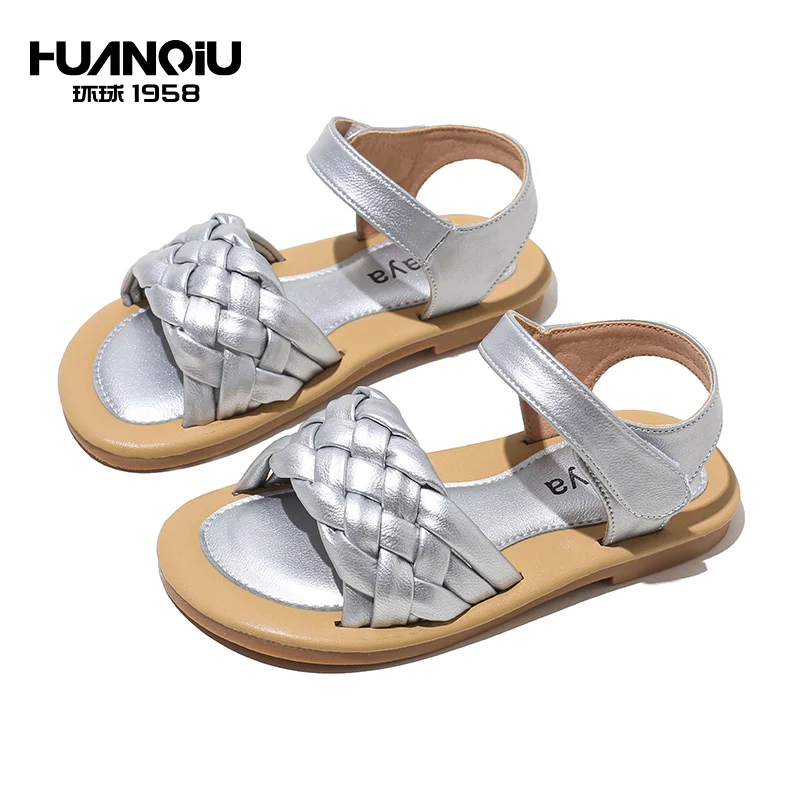 

L36326 HUANQIU BABAYA Summer Weave Strap Girls Casual Shoes Kids Children Sandals, Silver/beige