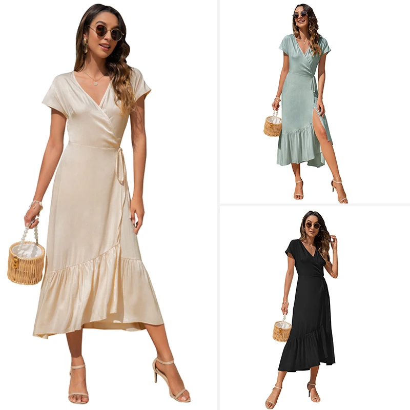 

Amazon European and American cross-border women's summer new products V-neck straps irregular simple slim casual dress, As images showed