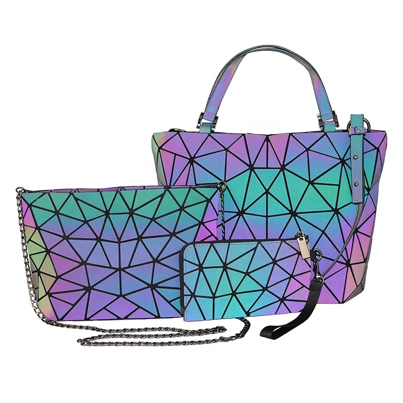 

High Quality 3 pcs Laser PU Geometric Luminous Bag Set Purses and Handbags Ladies, Customized color