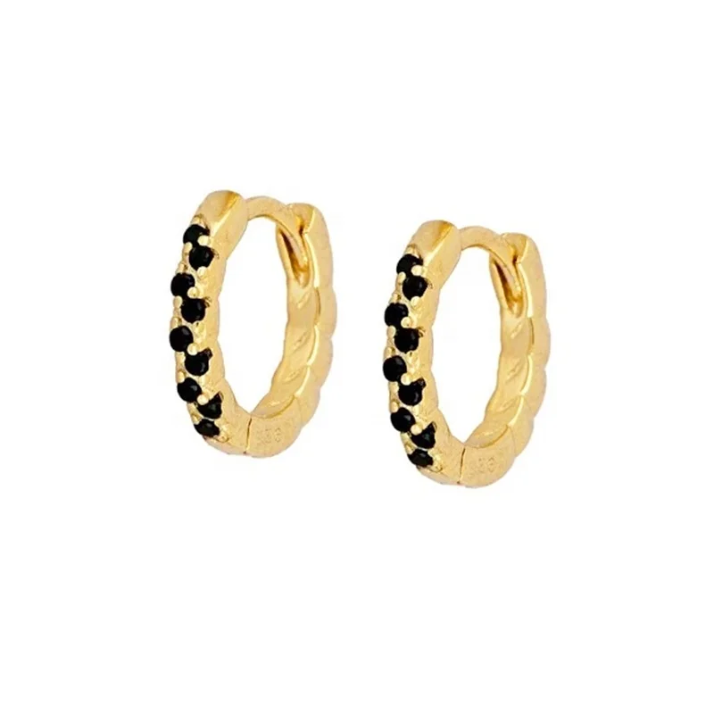 

Factory Wholesales 925 Silver silver Mini Black Zircon Stone Hoop Huggie Simple Earrings For Women, Gold and silver