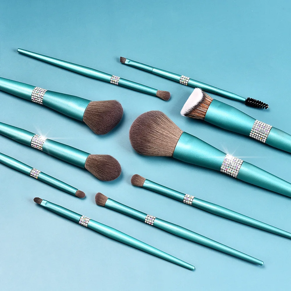 

Bling glitter 10pcs shiny makeup brush set private label for foundation powder cosmetics brochas de maquillaje profesional, Blue-turquoise