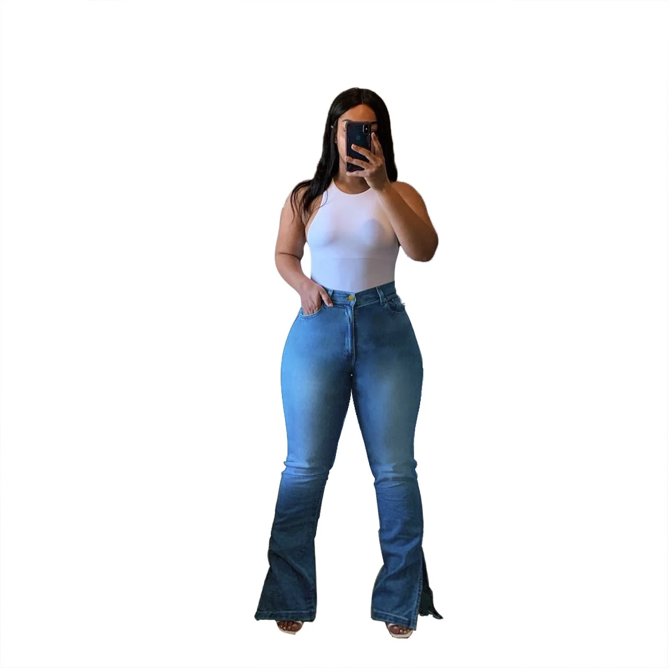 

2020 Autumn/winter new European and American plus-size women's high-waisted slim jeans with slit, Photo color