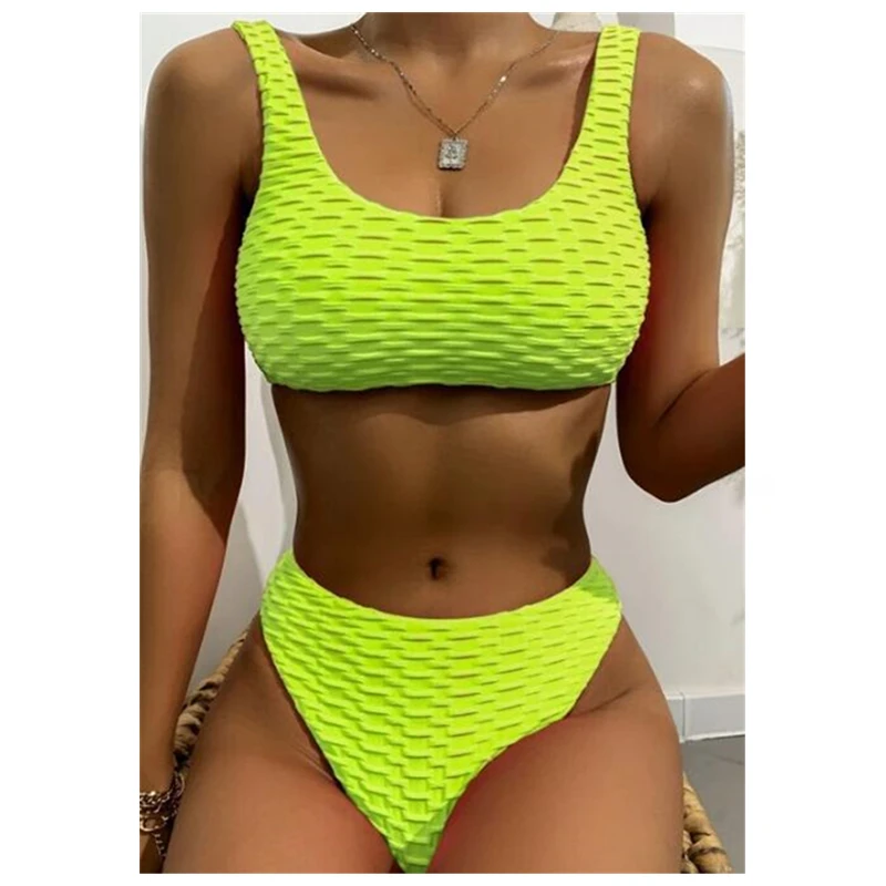 

2021 Wholesale Summer Swimwear Sexy Ribbed Solid Neon Bikini Scoop Neck Pure Color Swimsuit Thong Bikini