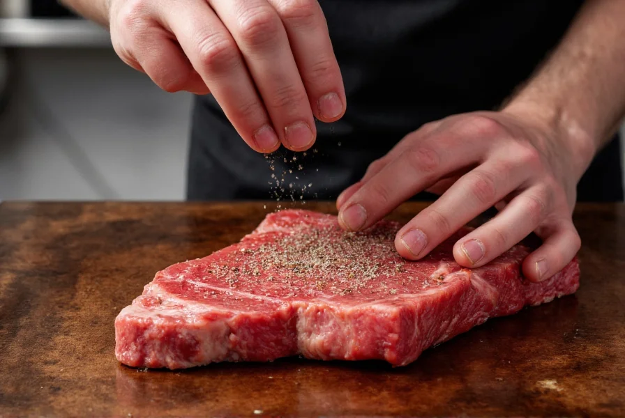 Chef's hands seasoning a steak with salt and freshly cracked pepper