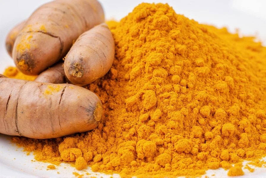 Close-up view of turmeric root and powder showing the natural spice
