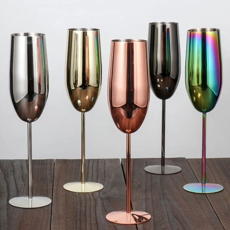 

BORGE Hot Sale 280ml Single Wall Stainless Steel Wine Goblet Metal Beer Cup Champagne Flutes