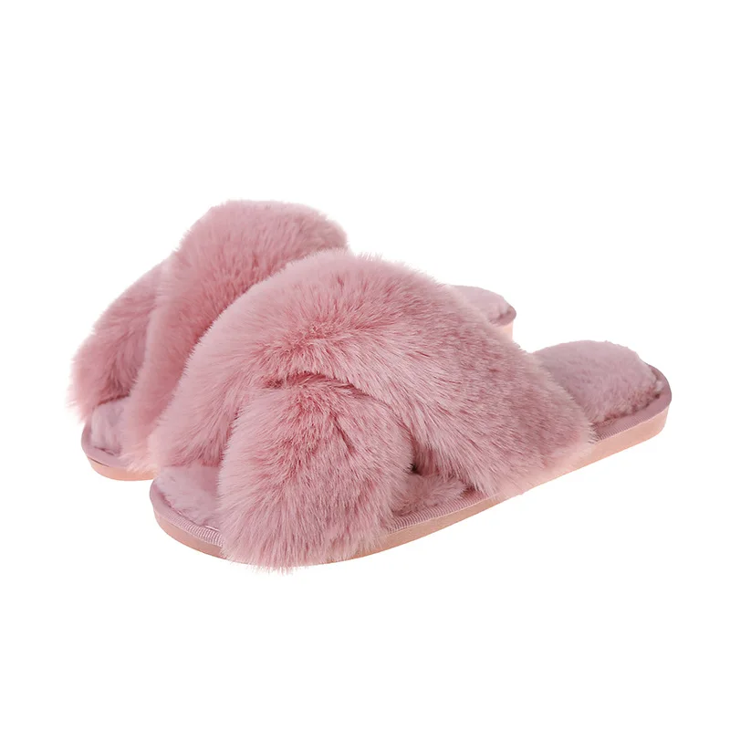 

2022 JOGHN Cross Strap TPR sole Winter Fluffy Fuzzy Indoor Plush Faux Fur Slippers for Women Lady