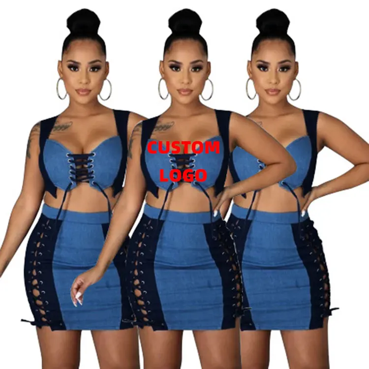 

2021 Women Sexy Suit Solid Sleeveless Denim Mesh String Vest Pants Three Piece Suit 2 Piece Set Women