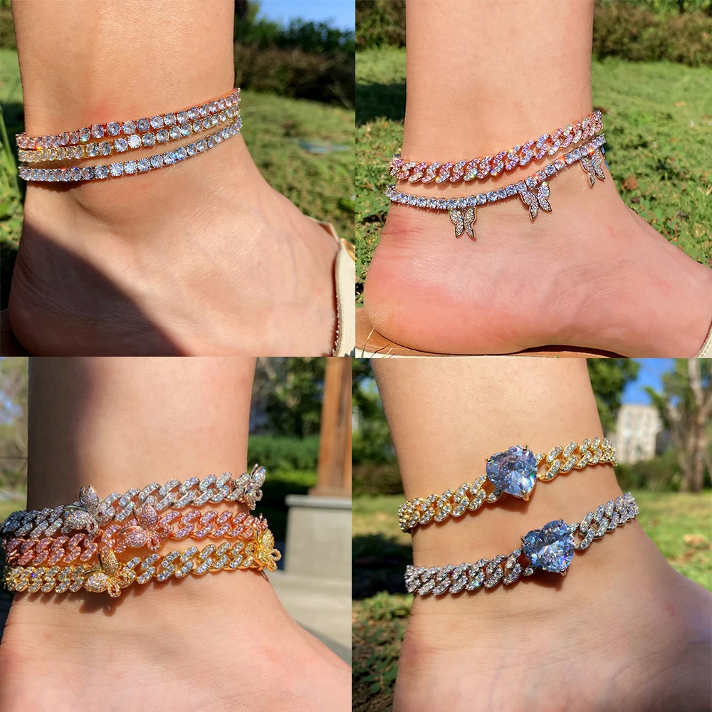 

Summer Luxury Tennis Fashion pink silver cuban Butterfly ankle stainless steel Bling hip hop multi color CZ cuban link anklet