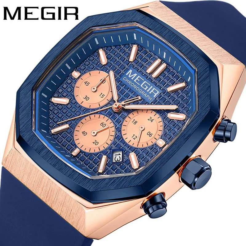 MEGIR Men Watch Luxury Casual Sport Multifunction Chronograph Silicone Strap Wristwatch Calendar Waterproof Quartz Watches 2215