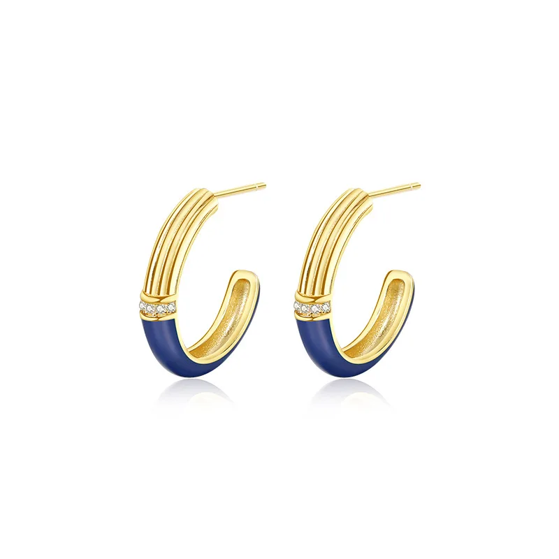 

VIANRLA 925 sterling silver blue enamel 18 mm zircon earring 18k gold plated hoop earrings