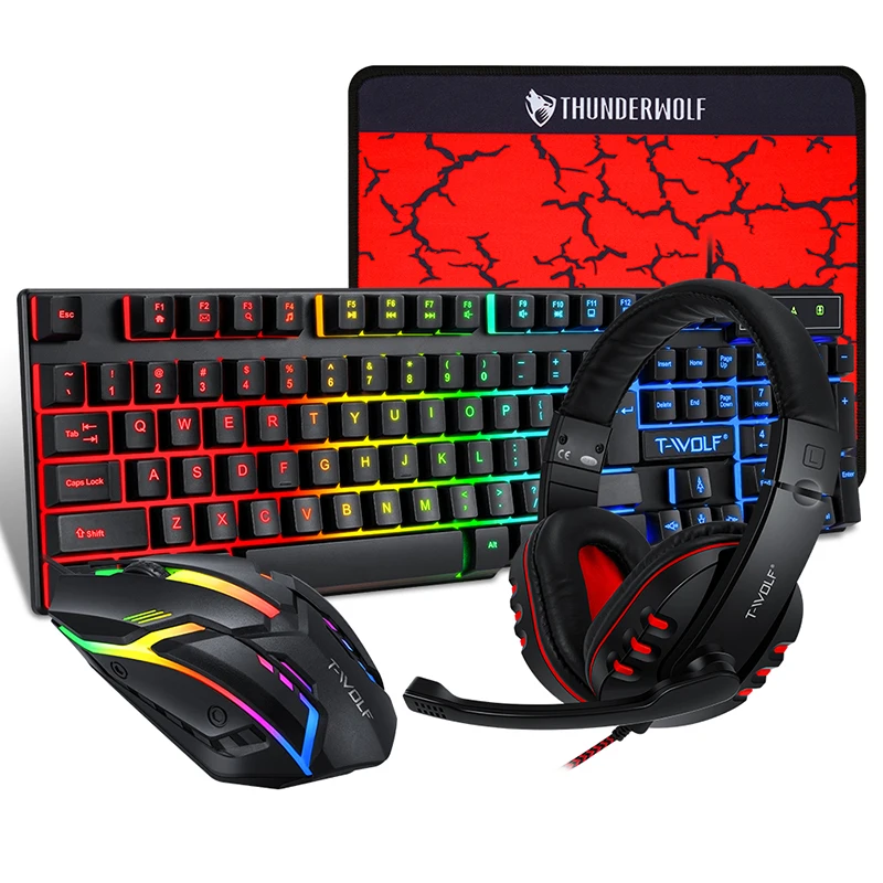 

4 in 1 Mechanical Feeling Gaming Keyboard Mouse Combos RGB Rainbow Wired Magic Keyboard