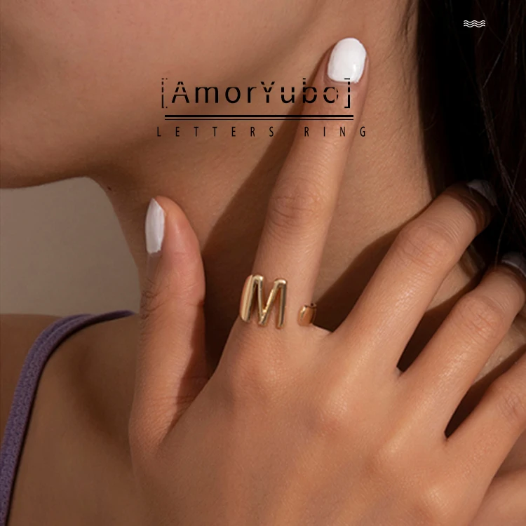

2021 Amoryubo Free Sample Trendy Women Fashion Stainless Steel Gold Plated Letter Nice Jewelry Ring