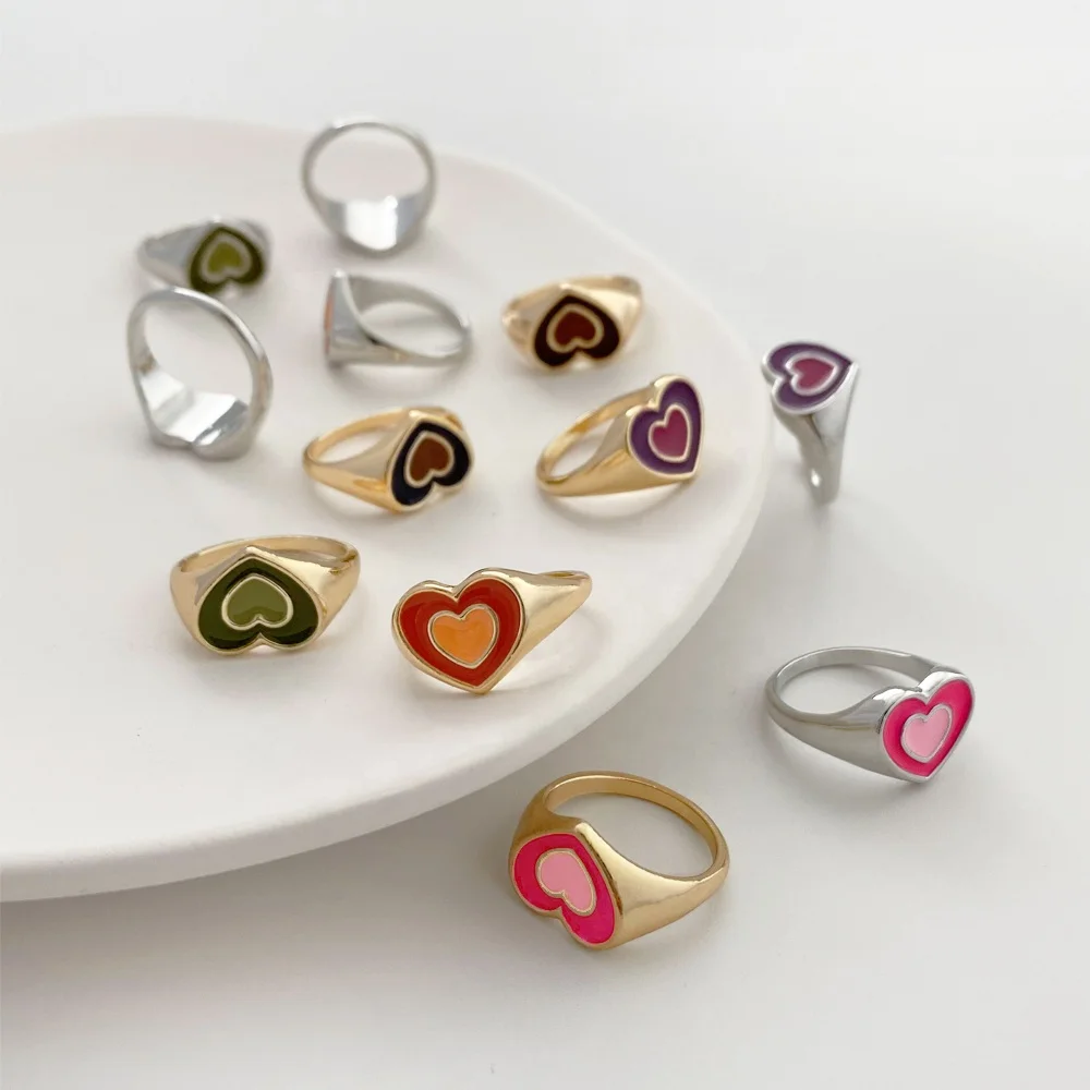 

R0252 colorful sweet pink heart enamel rings chic chunky enamel double layer love heart ring women summer jewelry