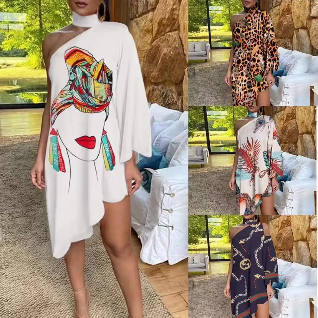 

Women's Cross-border Ruffle Printed One-Sleeve Off-the-shoulder Dress Women's Skirt